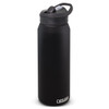 A drink bottle in matte black with a lid and a logo on the base, designed for vacuum insulation.