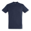 A navy blue adult T-shirt with a round neckline and short sleeves, featuring a logo.