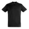 A black adult T-shirt with short sleeves and a round neck, featuring a logo on the front.
