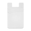 A white dual silicone phone wallet with curved design elements and a logo. Suitable for holding cards.