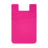 A pink dual silicone phone wallet features two pockets and a smooth design. It includes a branding logo.