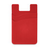 A red dual silicone phone wallet featuring two pockets and a smooth surface. It has a logo on the back.