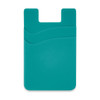 A teal dual silicone phone wallet featuring a wavy design and a logo.