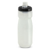 A drink bottle with a translucent white body and black lid, featuring a sports spout and a logo.