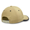 A beige cap with a black brim and adjustable strap at the back. It features a logo on the side.
