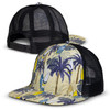 A flat peak mesh cap featuring a vibrant palm tree and surfboard pattern, with a black mesh back. A flat peak mesh cap featuring a vibrant palm tree and surfboard pattern, with a black mesh back.