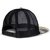 A flat peak mesh cap in black with a tropical print brim and an adjustable strap at the back.