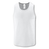 A white sporty men's tank top with a logo, featuring a sleeveless design and a smooth fabric texture.