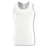 A white women's tank top with a round neckline, featuring a logo at the top.