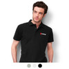 A black men's polo shirt featuring a logo on the chest, available in multiple colours.