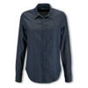 A women's denim button-up shirt in dark blue with a single chest pocket and a collar. It has a logo on the label.