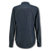 A women's denim button-up shirt in dark blue with long sleeves and a collared neckline.