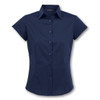 A navy button-up shirt with short sleeves and a collared neckline, featuring a logo on the chest.