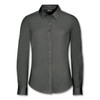 A dark grey women's long sleeve button-up shirt with a collar and front buttons. Features a logo on the label.