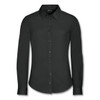 A black long sleeve button-up shirt for women with a classic collar and front buttons, featuring a logo.