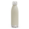A drink bottle in a natural beige colour with a metallic silver cap and base, featuring a logo.