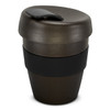 A drink bottle in dark green with a black silicone band and lid, featuring a logo. Capacity is 350ml.