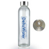 A drink bottle with a clear glass body, a silver cap, and a logo design in blue. Contains branding on the side.