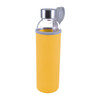 A drink bottle with a transparent glass body and yellow neoprene sleeve, featuring a silver cap and a carrying loop.