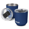 A drink bottle featuring a navy blue exterior, stainless steel interior, and a clear lid, with a logo.