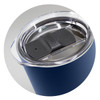 A drink bottle with a navy exterior and clear lid featuring a black slider, designed for vacuum insulation.