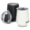 A drink bottle set featuring a black, a white, and a grey tumbler with clear lids and a brand logo.