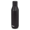A drink bottle in black with a sleek design, featuring a screw-top lid and a logo. Holds 750ml.