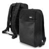 A black anti-theft backpack with padded straps and a front pocket. The material appears durable and stylish.