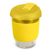 A drink bottle made of borosilicate glass with a bright yellow silicone sleeve and lid. It holds 350ml.