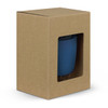 A drink bottle in a blue hue displayed in a cardboard box with a clear window. Contains a logo.