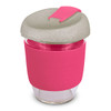 A drink bottle with a transparent body, pink silicone sleeve, and a beige lid featuring a clip.