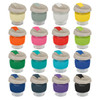 A drink bottle collection featuring various colours with silicone lids, each with a contrasting tab and a clear base.