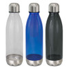 A drink bottle set featuring three translucent bottles in clear, blue, and dark grey, each with a stainless steel base and lid.