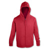 A red unisex hoodie with a front zip and pockets, featuring a hood and long sleeves. It has a logo.