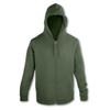 A unisex hoodie in dark green with a zip front, featuring a hood and two front pockets.