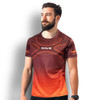 A men's performance T-shirt in shades of brown and orange with a logo on the front.