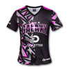 A black and pink V-neck T-shirt with geometric patterns and a logo. Suitable for sports and casual wear.
