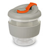 A drink bottle featuring a grey body and lid with an orange toggle, designed with a rubber grip.