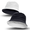 Reversible bucket hat featuring black on one side and white on the other, with a logo on both sides.