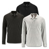 Three men's long sleeve polo shirts in black, dark green, and light grey, featuring a logo on each.