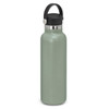 A drink bottle in a matte green finish with a black carry lid and a stainless steel band. Features a logo.