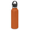 A drink bottle in vibrant orange with a black carry lid and a sleek design. It features a logo branding.