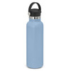 A drink bottle in light blue with a silver rim and a black carrying lid. It features a logo.