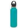 A drink bottle in teal with a black carry lid and a stainless steel band. It features a simple, modern design.