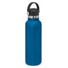 A drink bottle in a vibrant blue colour with a black carry lid and a stainless steel trim.