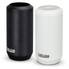 A drink bottle set featuring two CamelBak Horizon Can Cooler Mugs in black and white, both with a logo.