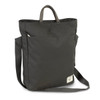 A dark green crossbody bag with a top handle, an adjustable strap, and a front pocket. It features a logo.