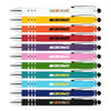 A collection of stylus pens in various colors, featuring a branding logo on each pen.