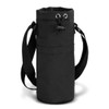 A drink bottle sling bag in black, featuring a drawstring closure and an adjustable strap. It has branding on the side.