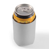 A drink can is displayed inside a gray stubby cooler. The cooler is designed to keep beverages cold.